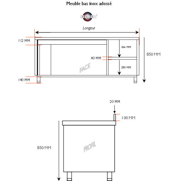 Meuble bas inox adossé 1200x700x950 MM SILBER